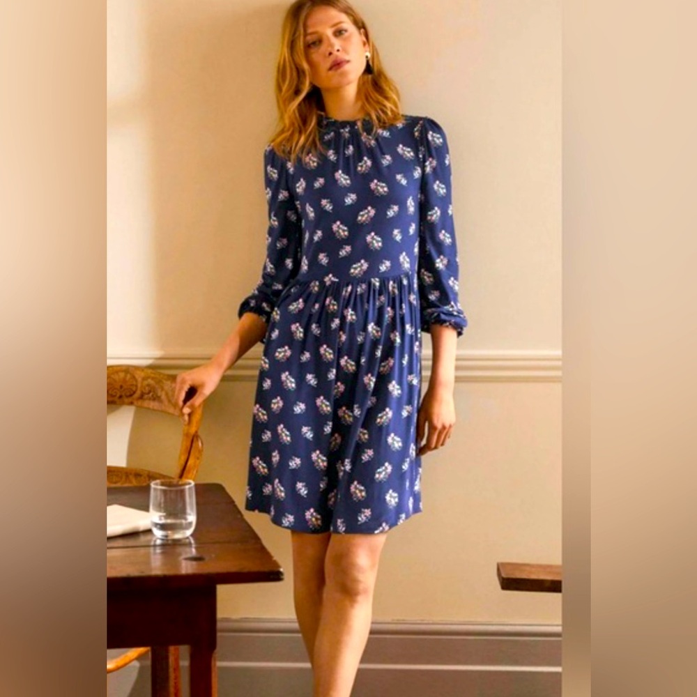 Boden Navy Pretty Bird Floral Clara Long‎ Sleeve Ruffle Neck Jersey Dress